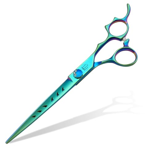 Dog Grooming Scissors: 7" Straight Pet Shears Skeletonized blade Made Of Japanese 440C for Trimming Dogs Cats and Other Pets Green (Straight G, 7") - style: Straight G