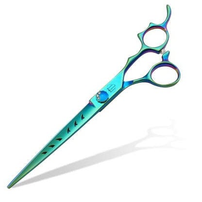 Dog Grooming Scissors: 7" Straight Pet Shears Skeletonized blade Made Of Japanese 440C for Trimming Dogs Cats and Other Pets Green (Straight G, 7") - style: Straight G