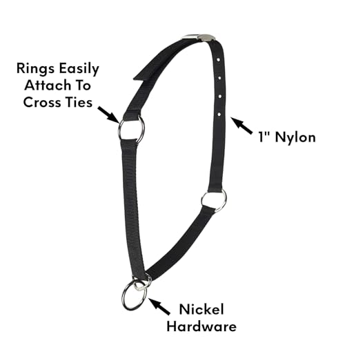 LBH MARKET Mustang Horse Collar 2-Pack (Black), 1" Wide Nylon Neck Strap for High Line Picket Line Tying and Grooming in Crossties for Horses, Includes Rubber Horse Face Brush