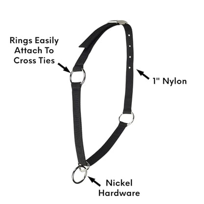 LBH MARKET Mustang Horse Collar 2-Pack (Black), 1" Wide Nylon Neck Strap for High Line Picket Line Tying and Grooming in Crossties for Horses, Includes Rubber Horse Face Brush