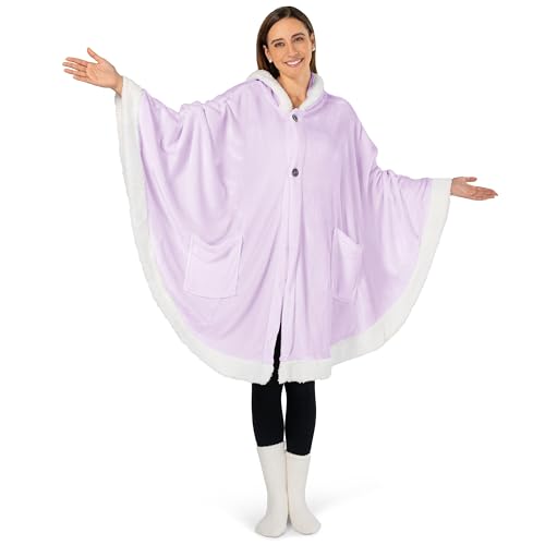 PAVILIA Hooded Blanket Poncho for Women, Fleece Wearable Shawl Wrap, Purple | Fleece Shawl Wrap with Hood, Adult Wearable Blanket, Cozy Warm Poncho Cape Throw with Pockets, Gift for Elderly Mom - color: Purple