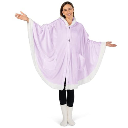 PAVILIA Hooded Blanket Poncho for Women, Fleece Wearable Shawl Wrap, Purple | Fleece Shawl Wrap with Hood, Adult Wearable Blanket, Cozy Warm Poncho Cape Throw with Pockets, Gift for Elderly Mom - color: Purple