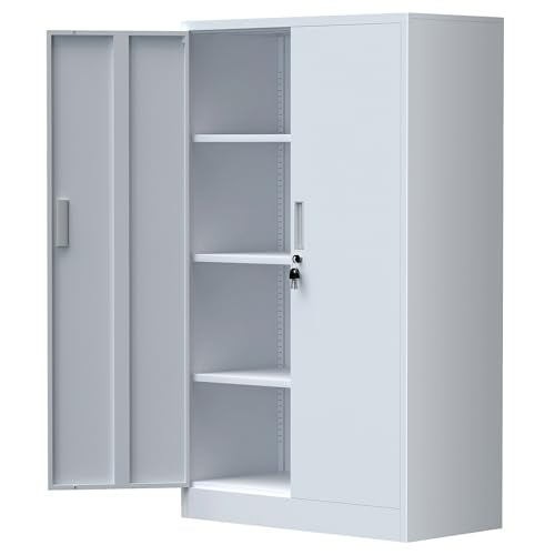 Metal Storage Cabinet with Locking Doors and 3 Adjustable Shelves, Lockable Storage Cabinets for Home Office Garage Kitchen Pantry (White) - color: White, size: 53.54"H