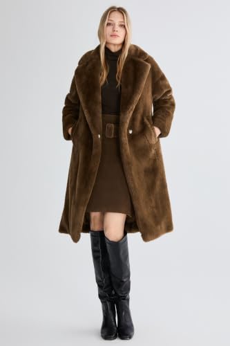Orolay Women's Fuzzy Fleece Winter Jacket Faux Fur Lapel Coat Mid-Length Sherpa Teddy Coat - color: Coffee, size: X-Small