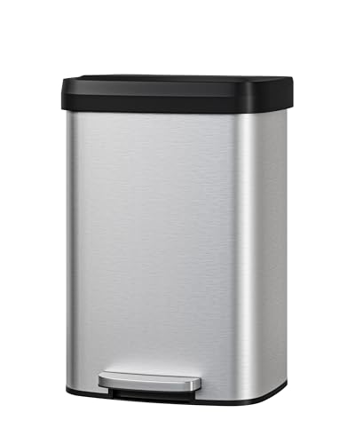 Garvee 13 gal / 50 L Stainless Steel Trash Can with Lid, Large Garbage Can for Kitchen, Rustproof Step-on Kitchen Metal Trash Bin with Liner Rim, Rear Handle, Soft Close Plastic Lid, Silver - color: Silver, size: 13.2 Gallons