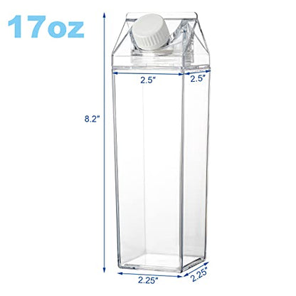 yarlung 6 Pack Milk Carton Water Bottle, 17 Oz Clear Plastic Milk Box Portable Square Juice Bottle for Outdoor Sports Travel Camping
