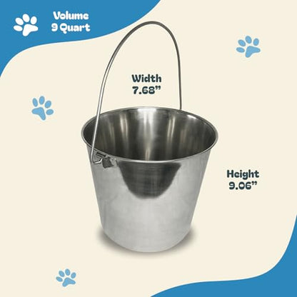Heavy Stainless Steel Round Bucket, 9 Quart | Durable Food & Water Pail for Dogs, Cats, Kennels, Cages and Critter Crates | Multi-Purpose Bucket - size: 9 quart