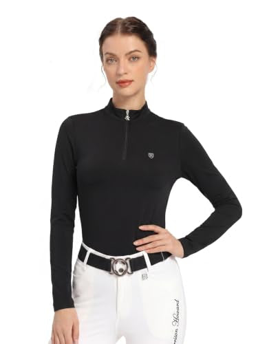 Harrison Howard Women’s Equestrian Riding Shirt, UPF 50+ Quarter Zip Breathable Horse Riding Top, Quick Dry Schooling Shirt - color: Black, size: Large