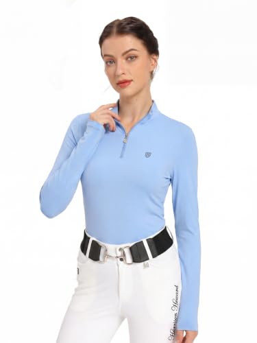 Harrison Howard Women’s Equestrian Riding Shirt, UPF 50+ Quarter Zip Breathable Horse Riding Top, Quick Dry Schooling Shirt - color: Ice Blue, size: Small