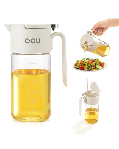 OOU B2 Oil Dispenser Bottle, 20oz/600ml Borosilicate Glass Olive Oil Bottle with One-Step Pop-Up Lid, One-Hand Pour Control, Leak-Resistant Silicone Seal, Stainless Steel Spout & 304 Filter, Off-White