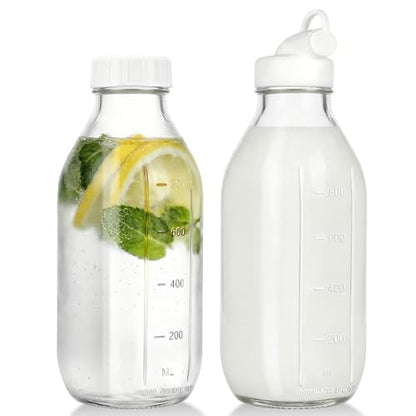CUCUMI 2 Pack 32 Oz Glass Milk Bottle with Reusable Lid | for Almond Milk, Oat/Nut Milk, Water Jug Breast Milk Pitcher,Juice Bottles for Buttermilk, Nut, Juice, Syrup, Coffee Creamer - color: 2pcs-32oz
