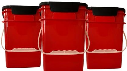 House Naturals 4 Gallon Square Food Grade Bucket Pail with Plastic Handles and Lid (Pack of 3) Made in USA containers (Red - Black lids) - color: Red - Black Lids