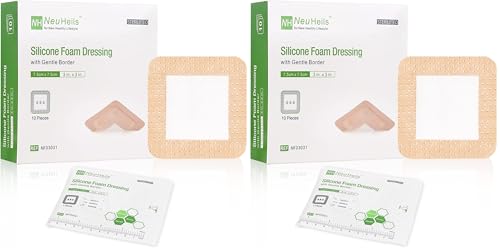 NeuHeils Silicone Adhesive Foam Dressing with Gentle Border 3''x3'' for Bed Sore, 20 Packs, High Absorbency Waterproof Silicone Wound Bandage for Foot Diabetic Ulcer - size: 3''x3'' (Pack of 20)