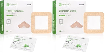 NeuHeils Silicone Adhesive Foam Dressing with Gentle Border 3''x3'' for Bed Sore, 20 Packs, High Absorbency Waterproof Silicone Wound Bandage for Foot Diabetic Ulcer - size: 3''x3'' (Pack of 20)