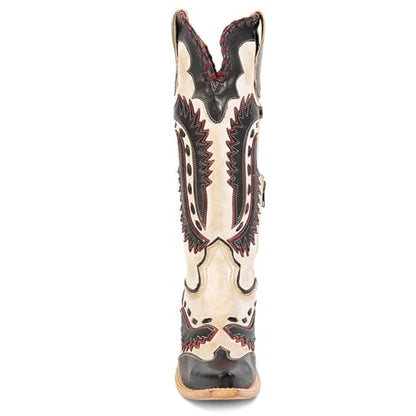 Yishaweiqi Embroidered Cowboy Boots for Women Mid Calf Cowgirl Boots Side Zipper Chunky Heel Snip Toe Knee High Western Boots - color: Black White, size: 8.5