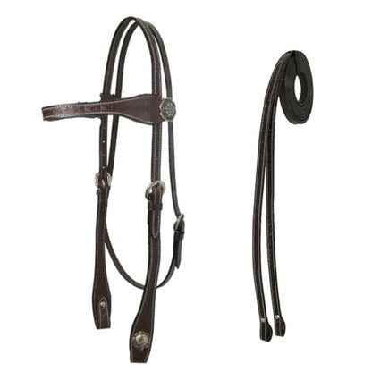 Tahoe Tack Hand-Tooled Barbwire Leather Western Browband Horse Headstall with Matching Split Reins - color: Mahogany, size: Draft