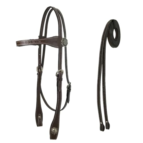 Tahoe Tack Hand-Tooled Barbwire Leather Western Browband Horse Headstall with Matching Split Reins - color: Mahogany, size: Draft