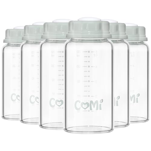 COMI Natural Glass Baby Bottle,Standard Neck Breastmilk Storage Bottle for Fridge,Breast Milk Container,Breast Pump Bottle Compatible with Medela Breast Pump,BPA Free,6PCS (5oz,6 Gray Lids) - style: 6Gray
