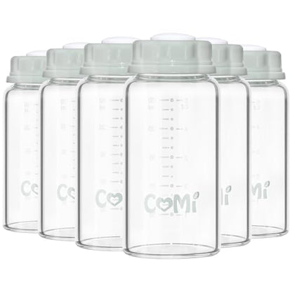 COMI Natural Glass Baby Bottle,Standard Neck Breastmilk Storage Bottle for Fridge,Breast Milk Container,Breast Pump Bottle Compatible with Medela Breast Pump,BPA Free,6PCS (5oz,6 Gray Lids) - style: 6Gray