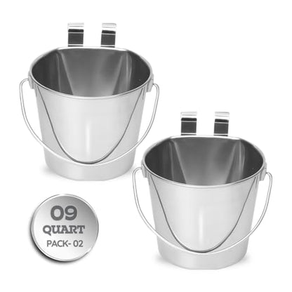 9 Quart Stainless Steel Flat Sided Bucket with Dual Hooks | 2 Pcs Food & Water Bowl for XL Dog Goat Cattle Horse & Livestock | Fits kennel Crate Cages Farm Hanging Pet Pail | Multipurpose - size: 9 Quart (Pack of 2)