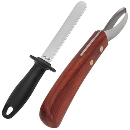 2 Pcs Professional Hoof Trimming Kit, Hoof Knife with Sharpener, Dual Grit Diamond Sharpening Rod, Ergonomic Handle for Livestock Care, Long-Lasting Tools