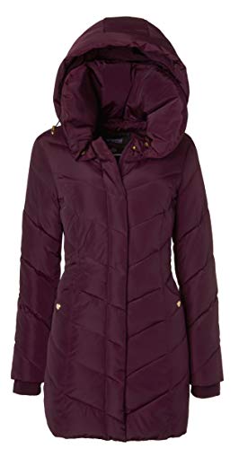 Sportoli Womens Winter Fleece Lined Chevron Quilted Puffer Jacket Coat with Hood - color: Merlot, size: Small