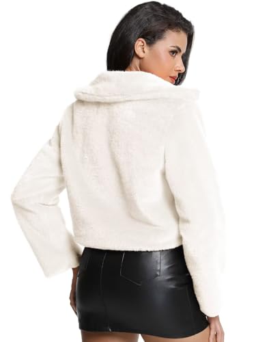 Women's Cropped Faux Fur Jacket with Hidden Pockets and Buttons Plush Shawl Collar Cardigan Sexy Coat - color: White, size: Small