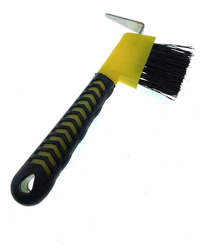 Horse Hoof Pick with Brush - Non-Slip Ergonomic Handle, Heavy-Duty Steel Pick & Stiff Bristles - Removes Dirt, Mud & Rocks - Horse Grooming Tool for Daily Hoof Care (Yellow) - color: Yellow