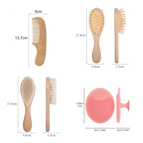 BRH 4 Piece Wooden Baby Hair Brush and Comb Set, Wooden Baby Care Kit with Soft Goat Bristle Brush,Baby Massage Brush, Baby Essentials Girl –Baby Hair Care Set for Newborn boy & Girls