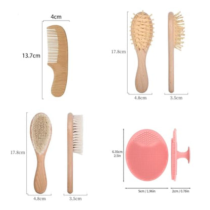 BRH 4 Piece Wooden Baby Hair Brush and Comb Set, Wooden Baby Care Kit with Soft Goat Bristle Brush,Baby Massage Brush, Baby Essentials Girl –Baby Hair Care Set for Newborn boy & Girls
