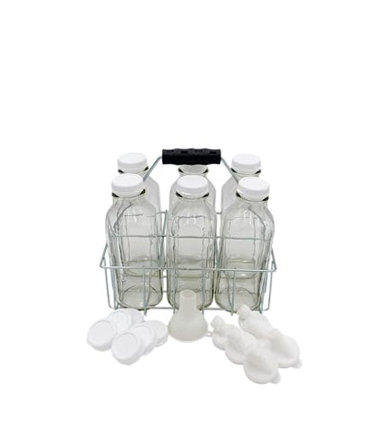 The Dairy Shoppe Heavy Glass Milk Bottles - Extra Lids, Silicone Pour Spouts, Silicone Funnel - Clear Milk Containers - Reusable - Wire Carrier - Made in USA (Liter 6 Cell Carrier Combo)