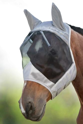 Harrison Howard CareMaster Midge-Proof Fleece Padding Horse Fly Mask Half Face with Ears Silver/Black Retro Small Pony - color: Silver/Black, size: Pony (Small)