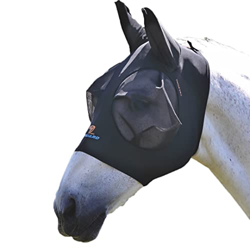 FlyGuard Pro Stretch Fly Mask with Ears | Full Size | Ultra‑Comfort Fit | 3D Dome Eye Mesh | 70% UV Blocking, Breathable Stretch Fabric | Full‑Coverage Fly & Midge Protection - Jet Color - size: Full