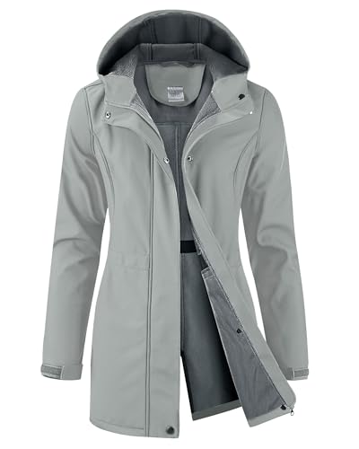 iCreek Women's Waterproof Softshell Rain Jacket Fleece Lined Hood Long Coat - color: Light Grey, size: X-Small