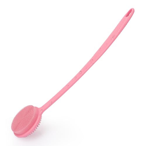 Silicone Back Scrubber for Shower, 17in Lengthen Long Handle Body Brush, Double Sided Shower Brush for Shower Exfoliating and Massage Can Produce Rich Foam, Long Handle Back Scrubber for Men - color: Pink