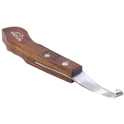 Equine Care Left-Handed Farrier Hoof Knife, Sheesham Wood Handle | Farrier hoof knife with genuine Sheesham wood handle; curved J2 stainless steel blade; brass screws; RH or LH - style: Left Handed