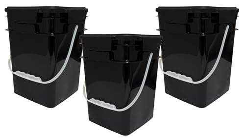 House Naturals 4 Gallon Square Food Grade Bucket Pail with Plastic Handles and Lid (Pack of 3) Made in USA containers (Black) - color: Black