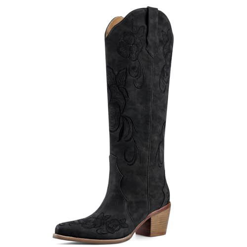 Knee High Cowboy Boots for Women Tall Cowgirl Western Boots - color: Black, size: 7