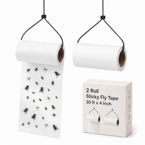 2 Roll Sticky Fly Tape 30 ft X 4 in, Hanging White Paper Traps