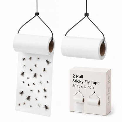 2 Roll Sticky Fly Tape 30 ft X 4 in, Hanging White Paper Traps