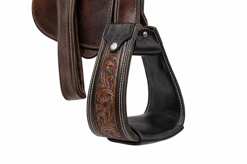 CHALLENGER Horse Saddle Stirrups Horse Western 5" Wide Saddle Antique Floral Tooled Leather Covered Stirrups 51173AT