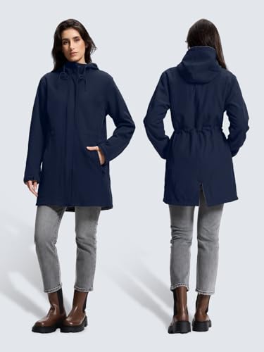 SaphiRose Women's Waterproof Rain Jacket with Fleece Lining Hooded Windbreaker Long Warm Outdoor Softshell Coat - color: Navy, size: X-Large