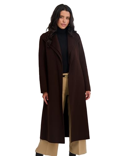 TAHARI Women's Slim Fit Double-faced Soft Wool Blend Wrap Coat With Tie Belt – Long Wool Coat - color: Chocolate, size: Large