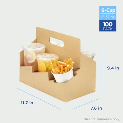 Karat [100ct Drink Carrier with Handle - Sturdy Paperboard Kraft Coffee Cup Carrier for Hot/Cold Beverages, Fits 10-32 oz Cups - Eco-Friendly, Disposable To-Go Drink Holder (6-Cup) - size: 6-Cup
