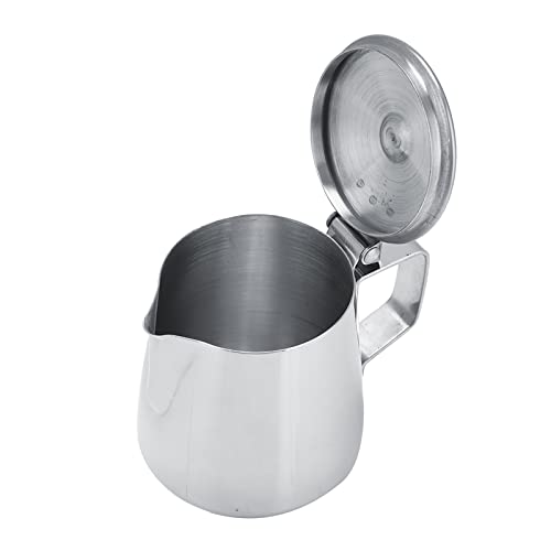 Milk Frothing Pitcher, Stainless Steel Milk Frother Cup with Lid Small Creamer Pitcher Latte Coffee Art Barista Milk Jug Cup Espresso Accessories (350ml)
