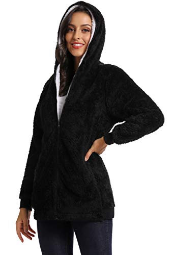 Fleece Coat for Women,Women's Oversized Zip Up Hooded Jacket Winter Plus Size Sherpa Coat - color: Ablack, size: Medium
