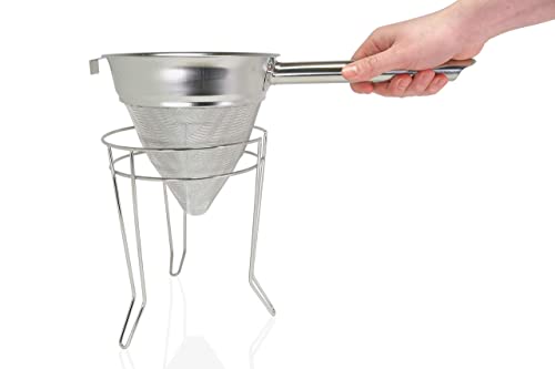 Anchy Premium 8" Chinois Fine Mesh Strainer Set with Stand & Bamboo Spatula – 18/8 Stainless Steel China Cap Cone Sieve, Professional Bouillon Strainer for Sauces, Soups, Broth, Stock, Jelly & Purees