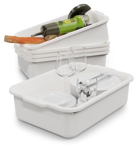 White 13 L Commercial Bus Tubs/Tote Box, 5-Pack Plastic Storage Wash Basin Tub - color: White, size: 13 Liter-White