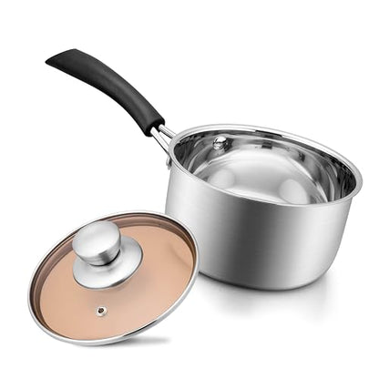 2QT Saucepan with Lid, Joyfair 18/10 Stainless Steel Small Sauce Pan Pot | Kitchen Cookware Milk Pot with Glass Lid for Cooking Stewing Boiling Spaghetti Soup, Heat-proof Handle, Dishwasher Safe - size: 2 Quarts