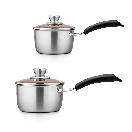 TeamFar 1qt & 2qt Saucepan with Lid, Stainless Steel Small Cooking Pot | Milk Sauce Pan with Long Handle for Home Kitchen, Non-Toxic & Heavy-Duty, Multi-use & Dishwasher Safe - size: 1QT+2QT